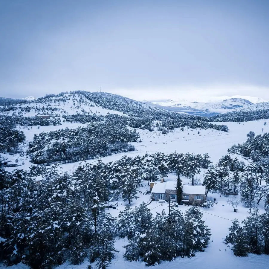Snow-covered forest and hills in the hinterland, seen from a drone