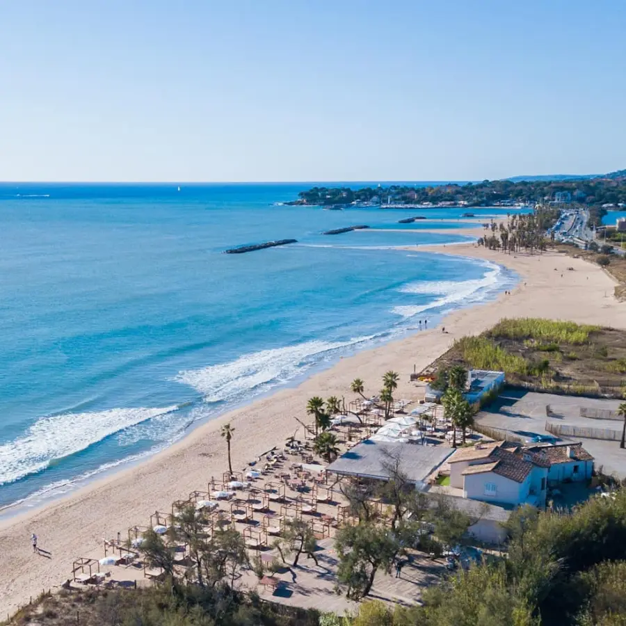 Private beach and coastline at Saint-Aygulf, seen from a drone