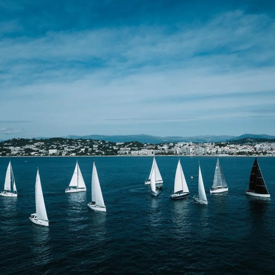 Sailing boats racing off Cannes, seen from a drone